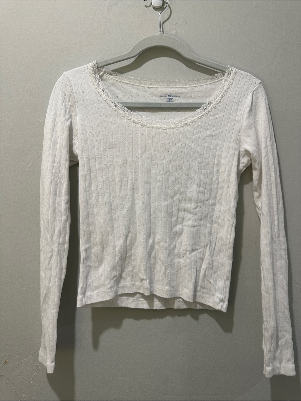 Brandy Melville White Ribbed Lace-Trim Long Sleeve Top